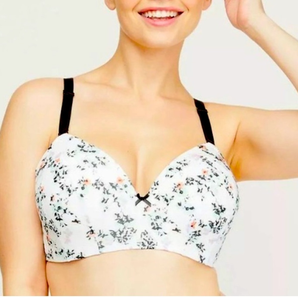 Cacique Lightly Lined No Wire T-shirt Bra Floral White Sz 40I